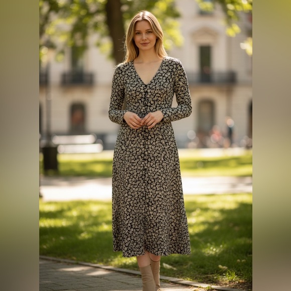 Vintage Dresses & Skirts - Vintage Floral Daisy Black Tan Tailored V-neck Button Front Long Sleeve Dress